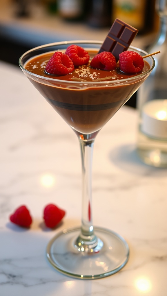 A Chocolate Raspberry Vodka Martini in a martini glass, garnished with raspberries and chocolate shavings on a bar.